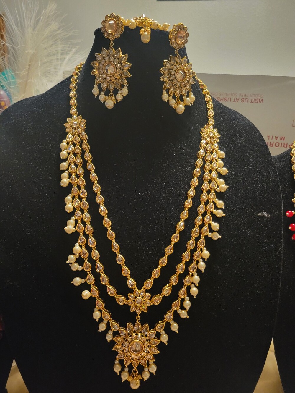 Gold Pearl Multi-Strand Bridal Necklace Set - Women Jewelry